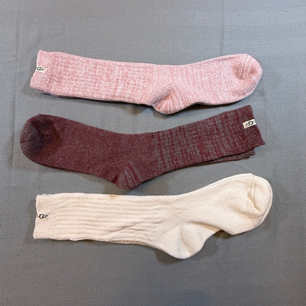 UGG Leda Cozy Crew Socks Bundle 3 Pairs Pink Burgundy Cream Ribbed Knit Plush